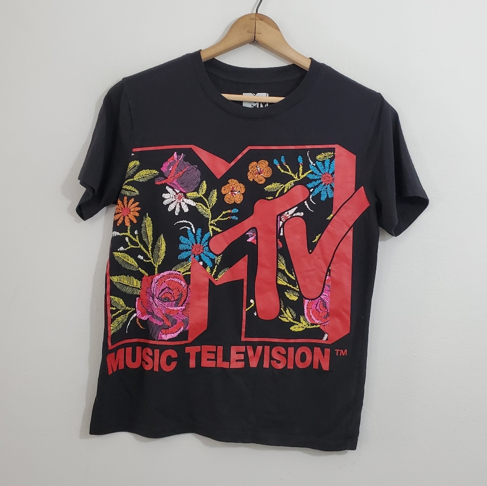 MTV Black Tee with Floral Design